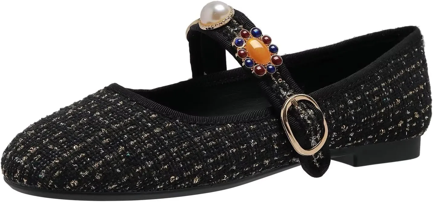 Hee grand Rhinestone Buckle Strap Low Heel Dress Shoes for Women Comfortable Cute Round Toe Mary Jane Shoes