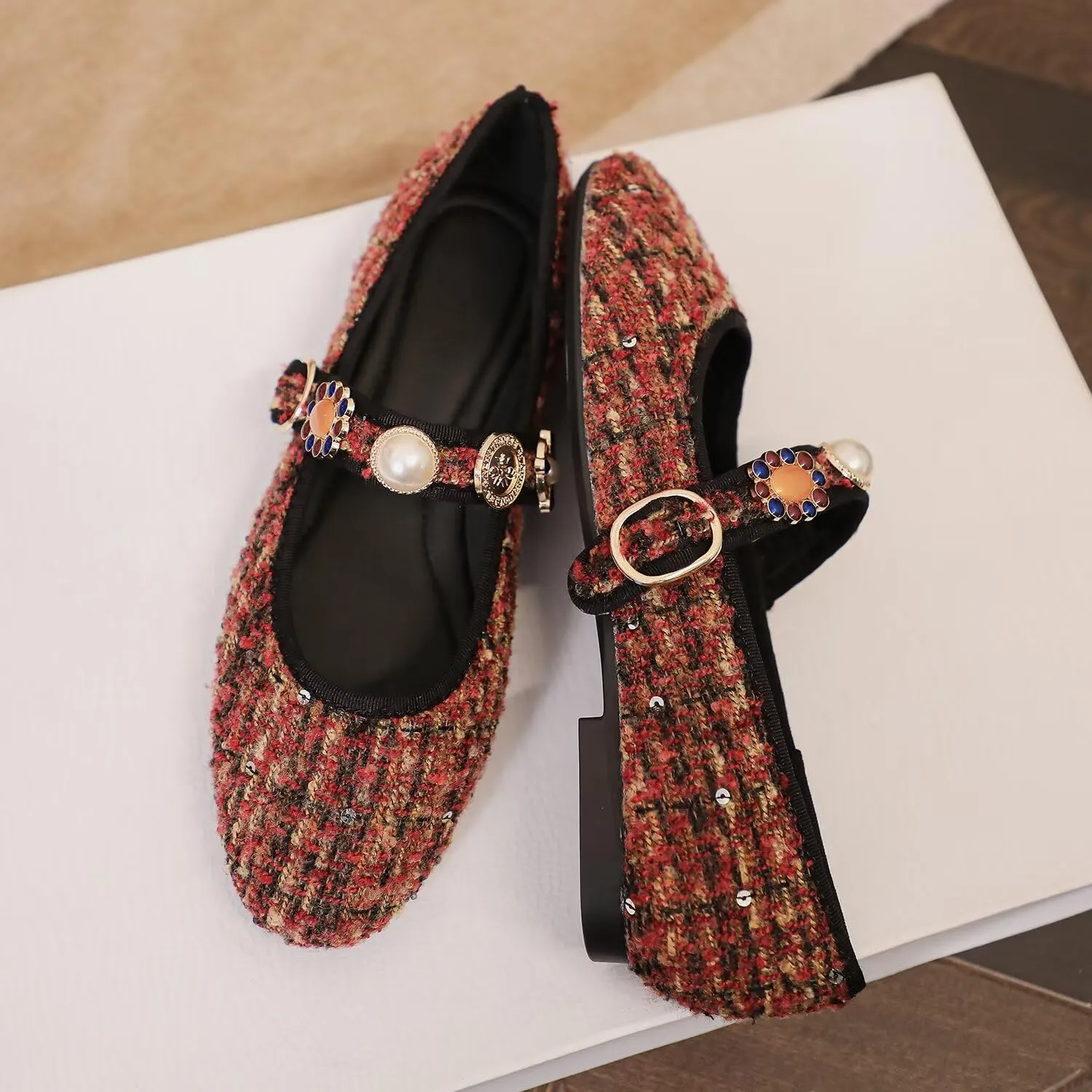 Hee grand Rhinestone Buckle Strap Low Heel Dress Shoes for Women Comfortable Cute Round Toe Mary Jane Shoes