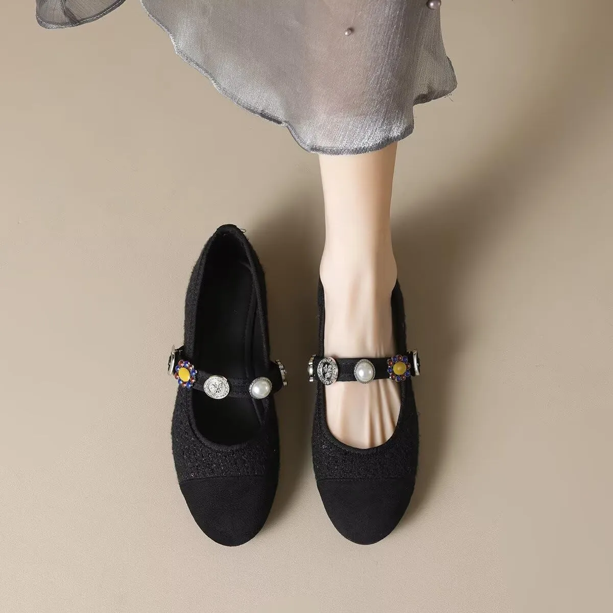 Hee grand Rhinestone Buckle Strap Low Heel Dress Shoes for Women Comfortable Cute Round Toe Mary Jane Shoes