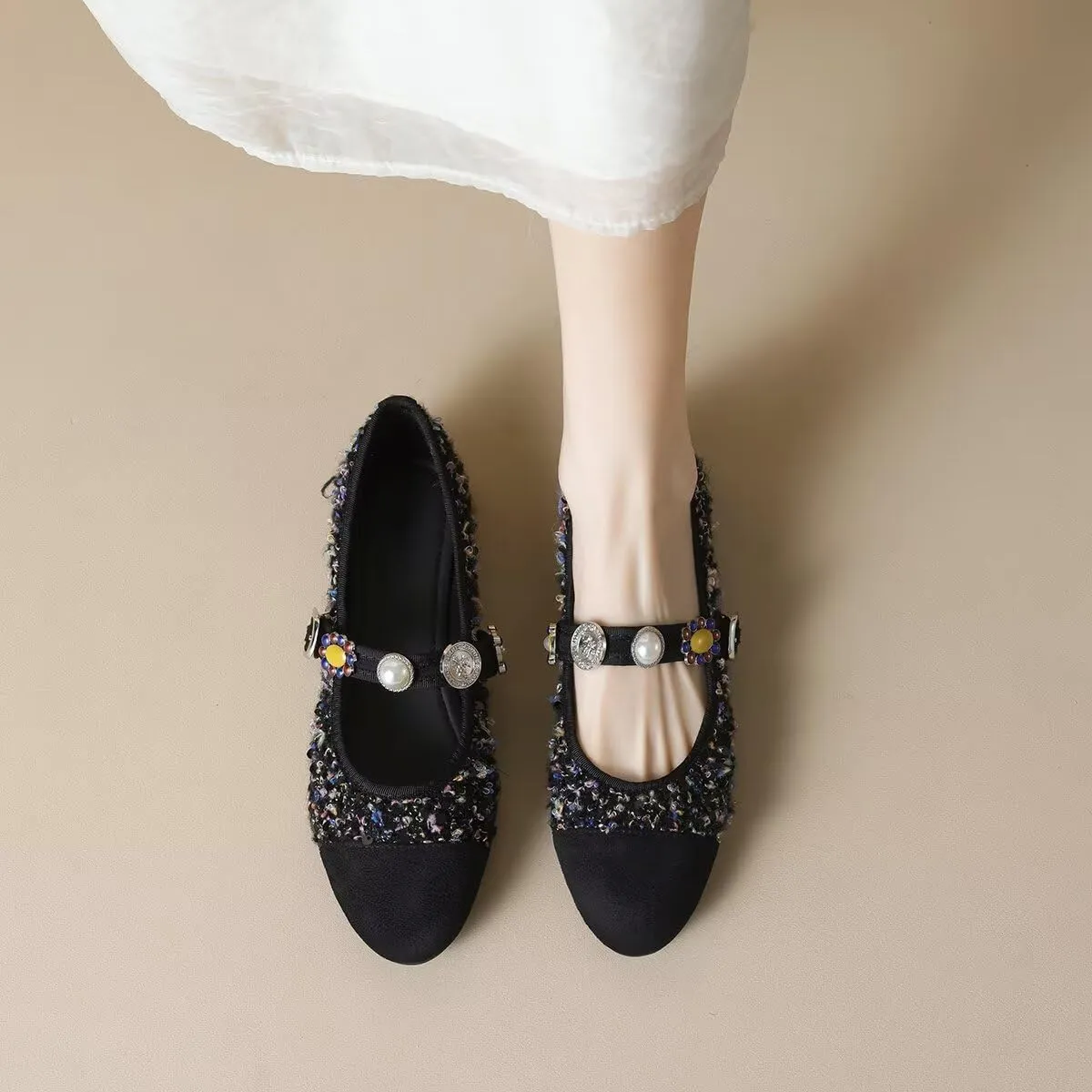 Hee grand Rhinestone Buckle Strap Low Heel Dress Shoes for Women Comfortable Cute Round Toe Mary Jane Shoes