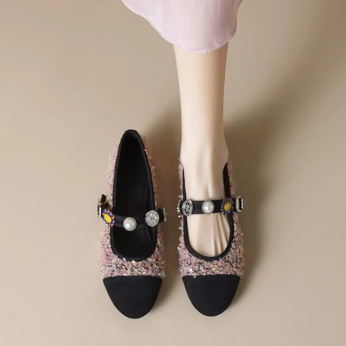 Hee grand Rhinestone Buckle Strap Low Heel Dress Shoes for Women Comfortable Cute Round Toe Mary Jane Shoes