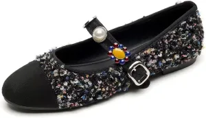Hee grand Rhinestone Buckle Strap Low Heel Dress Shoes for Women Comfortable Cute Round Toe Mary Jane Shoes