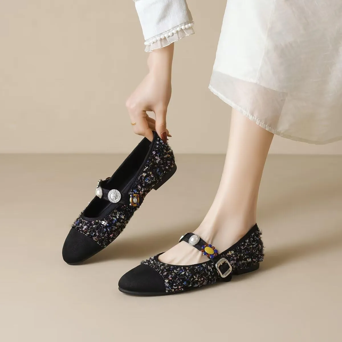 Hee grand Rhinestone Buckle Strap Low Heel Dress Shoes for Women Comfortable Cute Round Toe Mary Jane Shoes