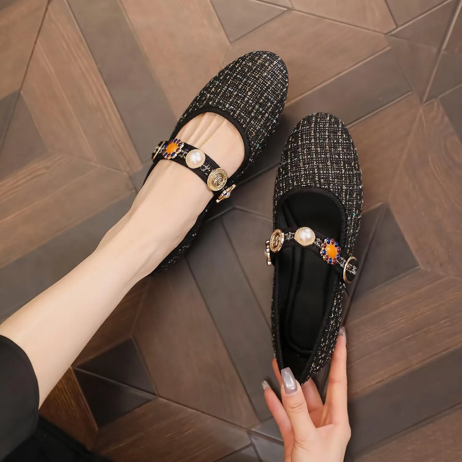 Hee grand Rhinestone Buckle Strap Low Heel Dress Shoes for Women Comfortable Cute Round Toe Mary Jane Shoes