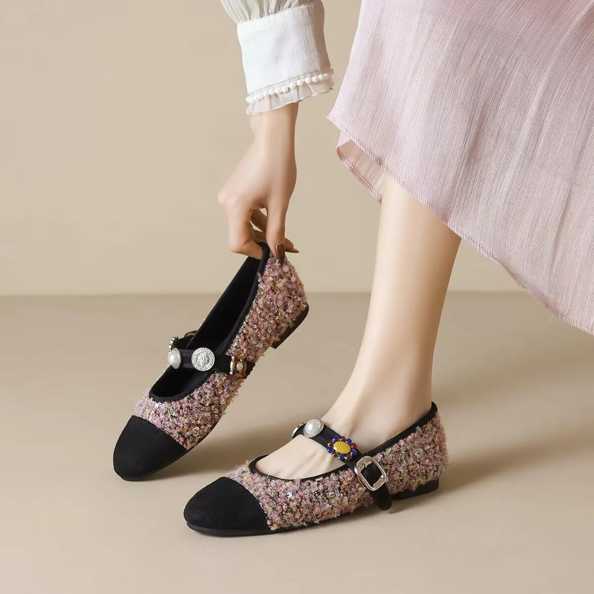 Hee grand Rhinestone Buckle Strap Low Heel Dress Shoes for Women Comfortable Cute Round Toe Mary Jane Shoes