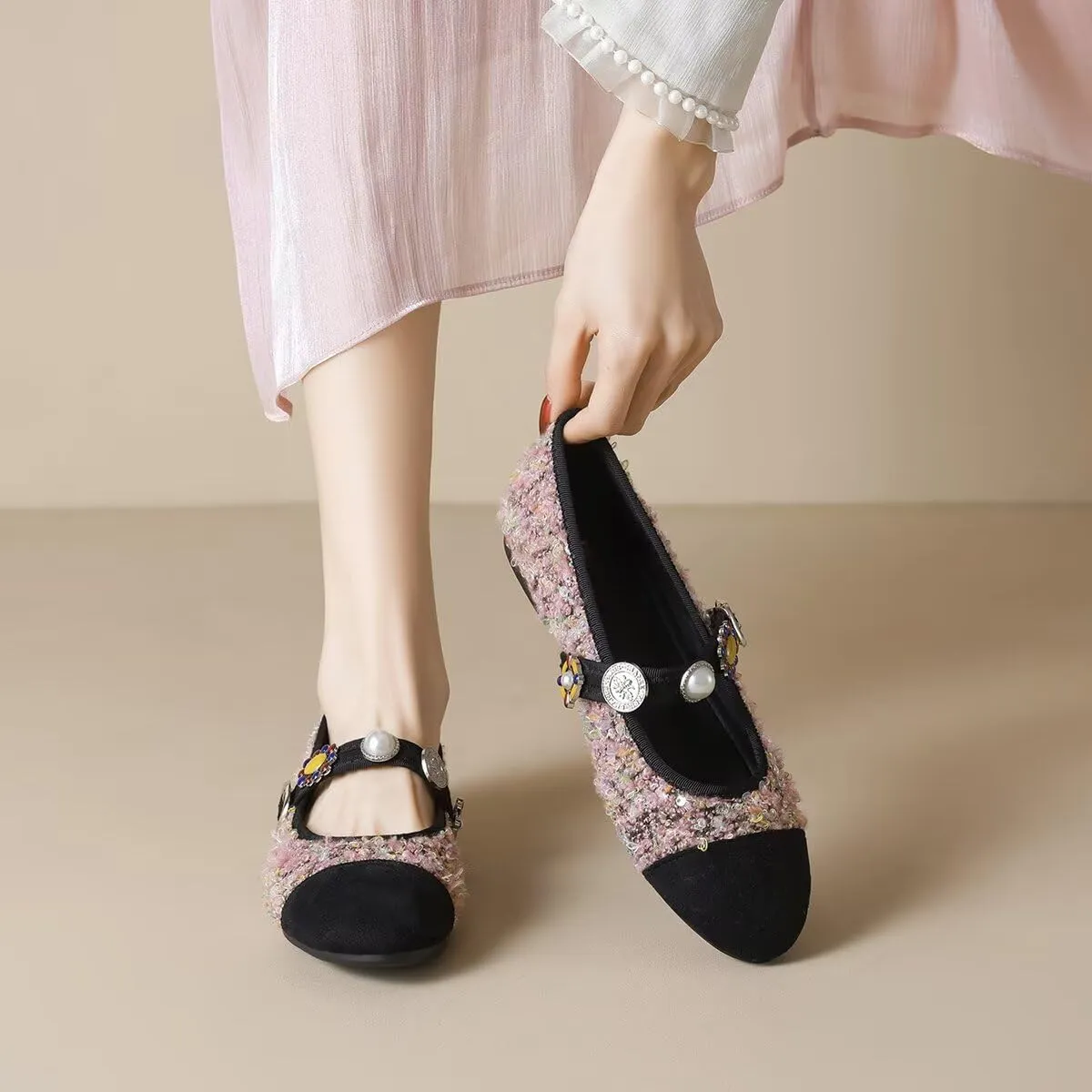 Hee grand Rhinestone Buckle Strap Low Heel Dress Shoes for Women Comfortable Cute Round Toe Mary Jane Shoes