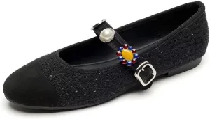 Hee grand Rhinestone Buckle Strap Low Heel Dress Shoes for Women Comfortable Cute Round Toe Mary Jane Shoes