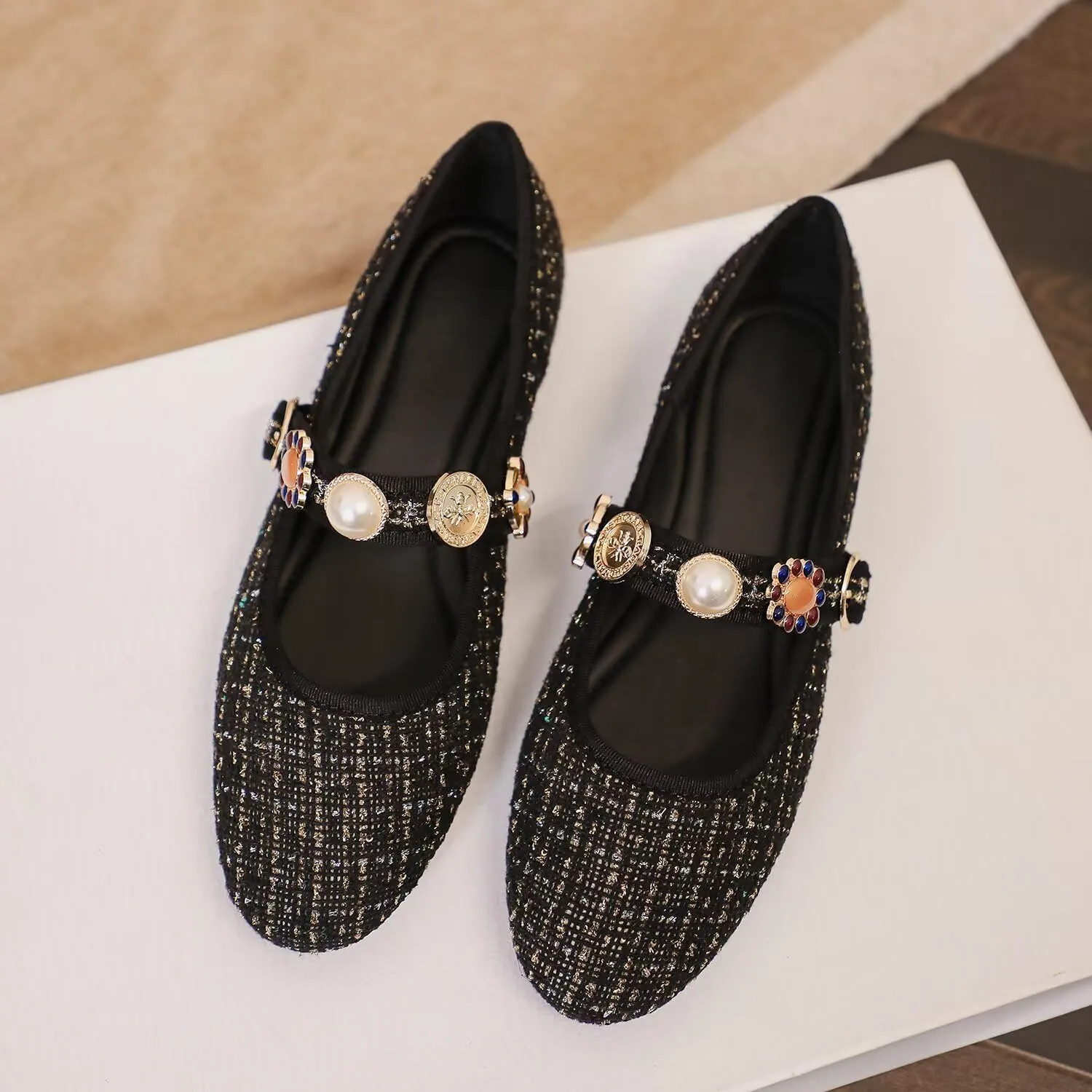 Hee grand Rhinestone Buckle Strap Low Heel Dress Shoes for Women Comfortable Cute Round Toe Mary Jane Shoes