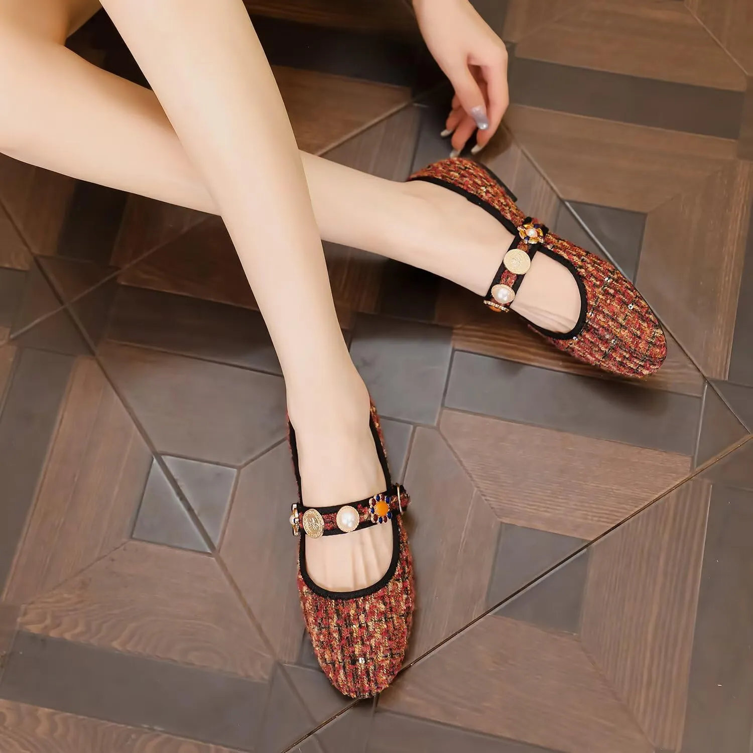 Hee grand Rhinestone Buckle Strap Low Heel Dress Shoes for Women Comfortable Cute Round Toe Mary Jane Shoes