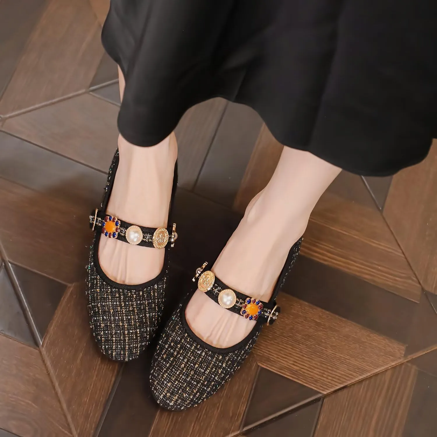 Hee grand Rhinestone Buckle Strap Low Heel Dress Shoes for Women Comfortable Cute Round Toe Mary Jane Shoes