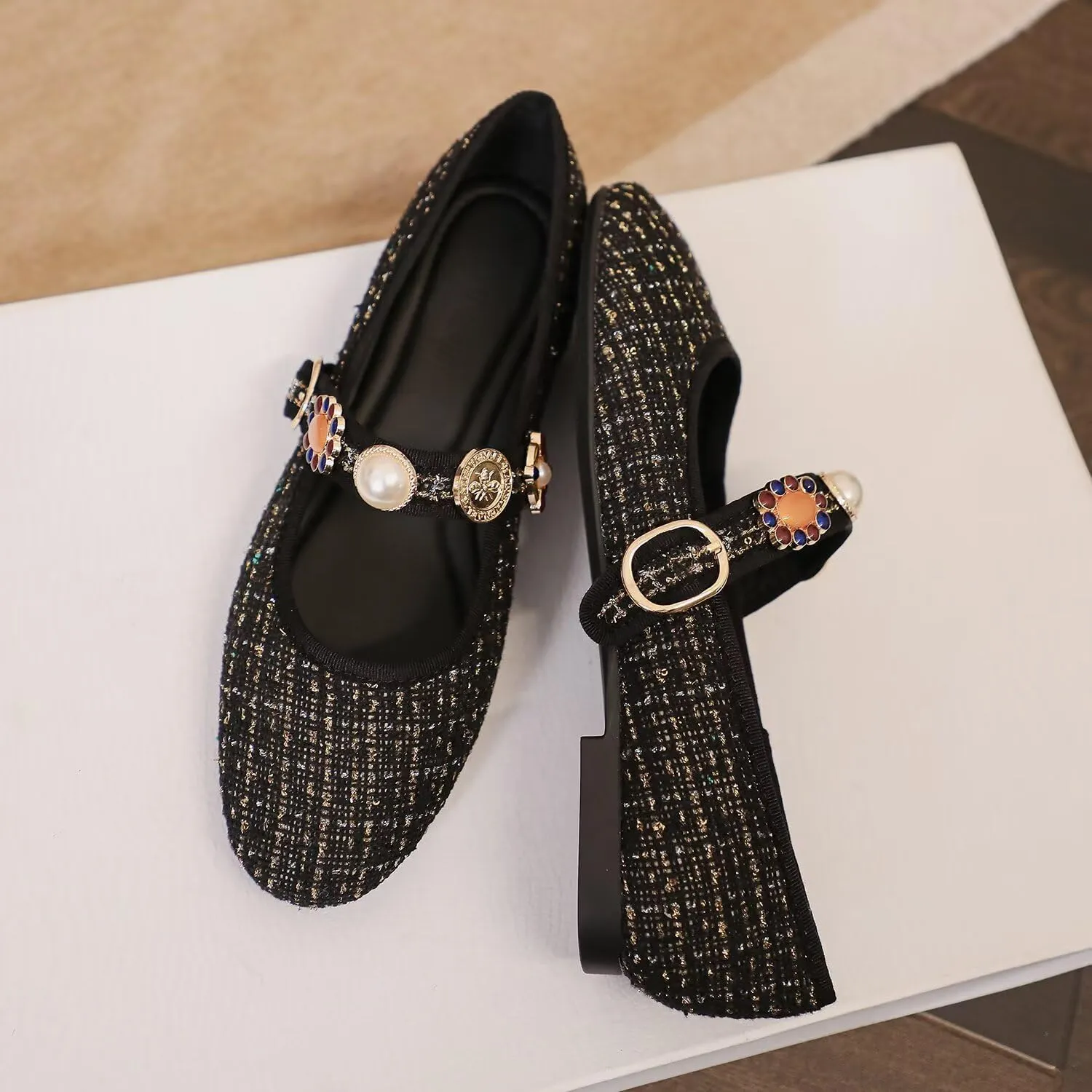 Hee grand Rhinestone Buckle Strap Low Heel Dress Shoes for Women Comfortable Cute Round Toe Mary Jane Shoes