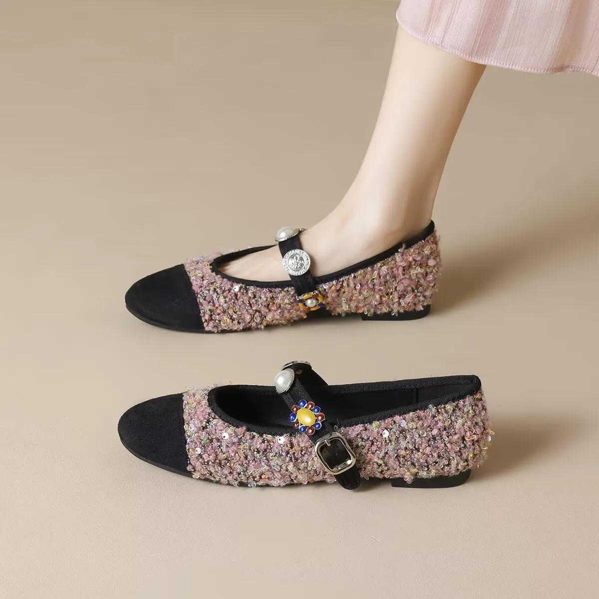 Hee grand Rhinestone Buckle Strap Low Heel Dress Shoes for Women Comfortable Cute Round Toe Mary Jane Shoes