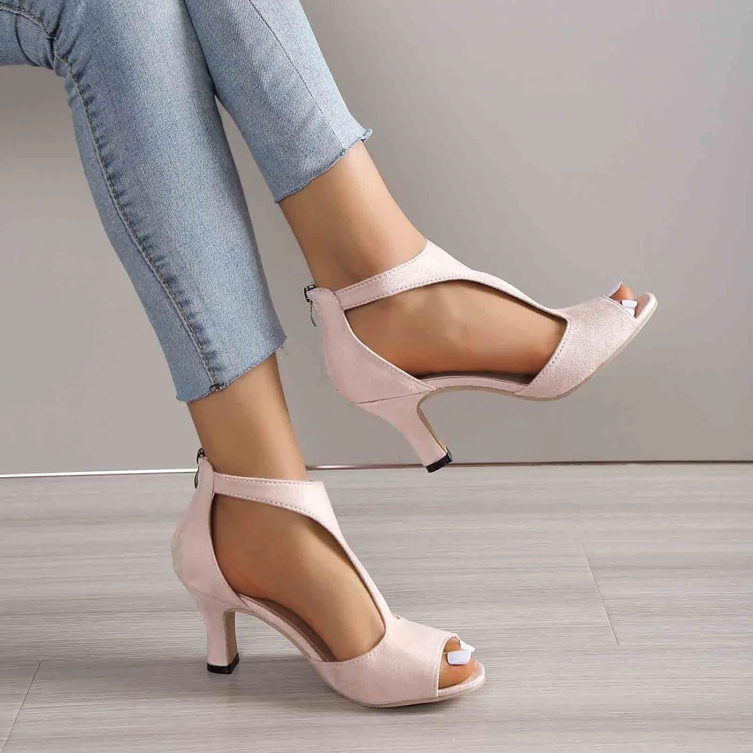 High Heels for Women Summer Open Toe Sandals Zip Closure Dress Shoes Casual Suede Leather Fish Mouth Sandals