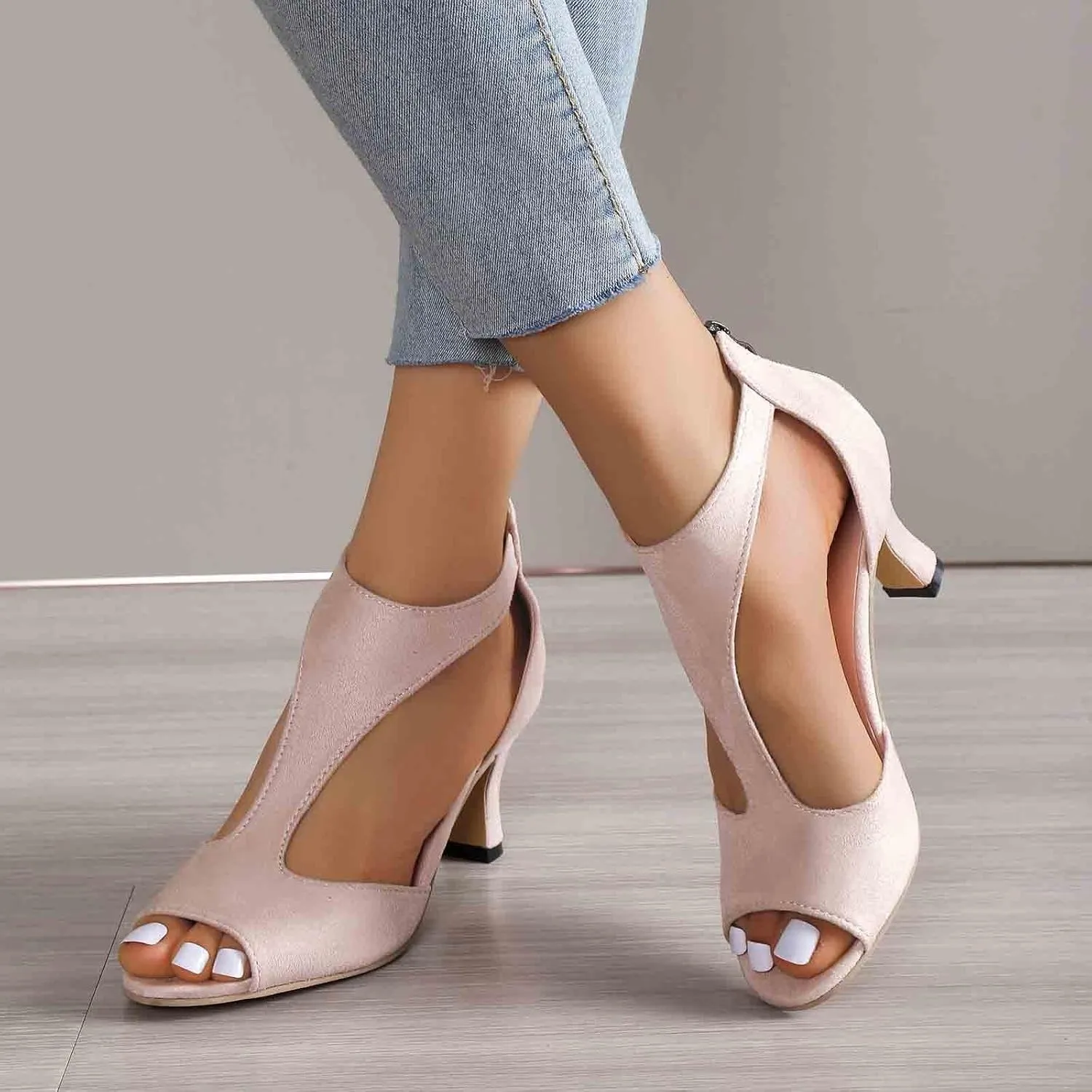 High Heels for Women Summer Open Toe Sandals Zip Closure Dress Shoes Casual Suede Leather Fish Mouth Sandals
