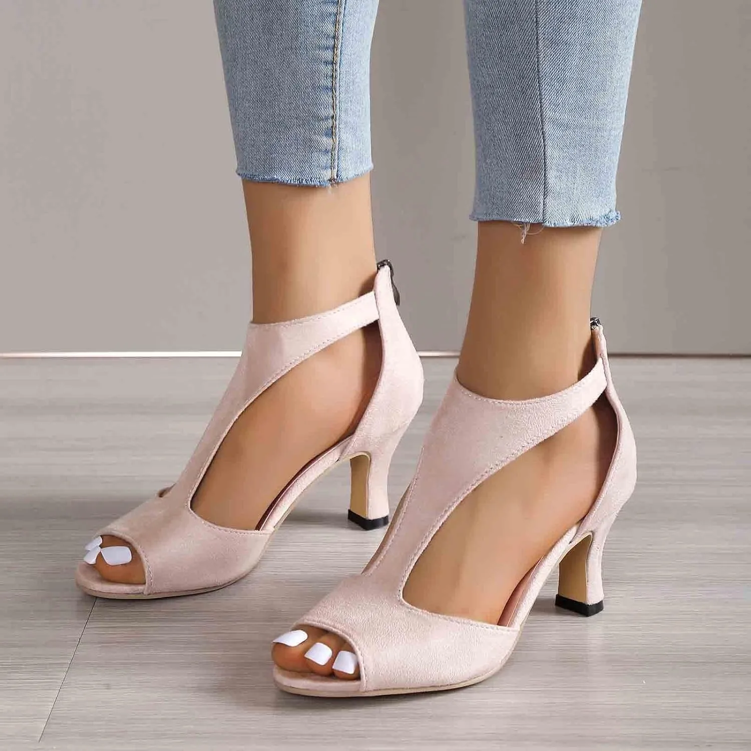 High Heels for Women Summer Open Toe Sandals Zip Closure Dress Shoes Casual Suede Leather Fish Mouth Sandals
