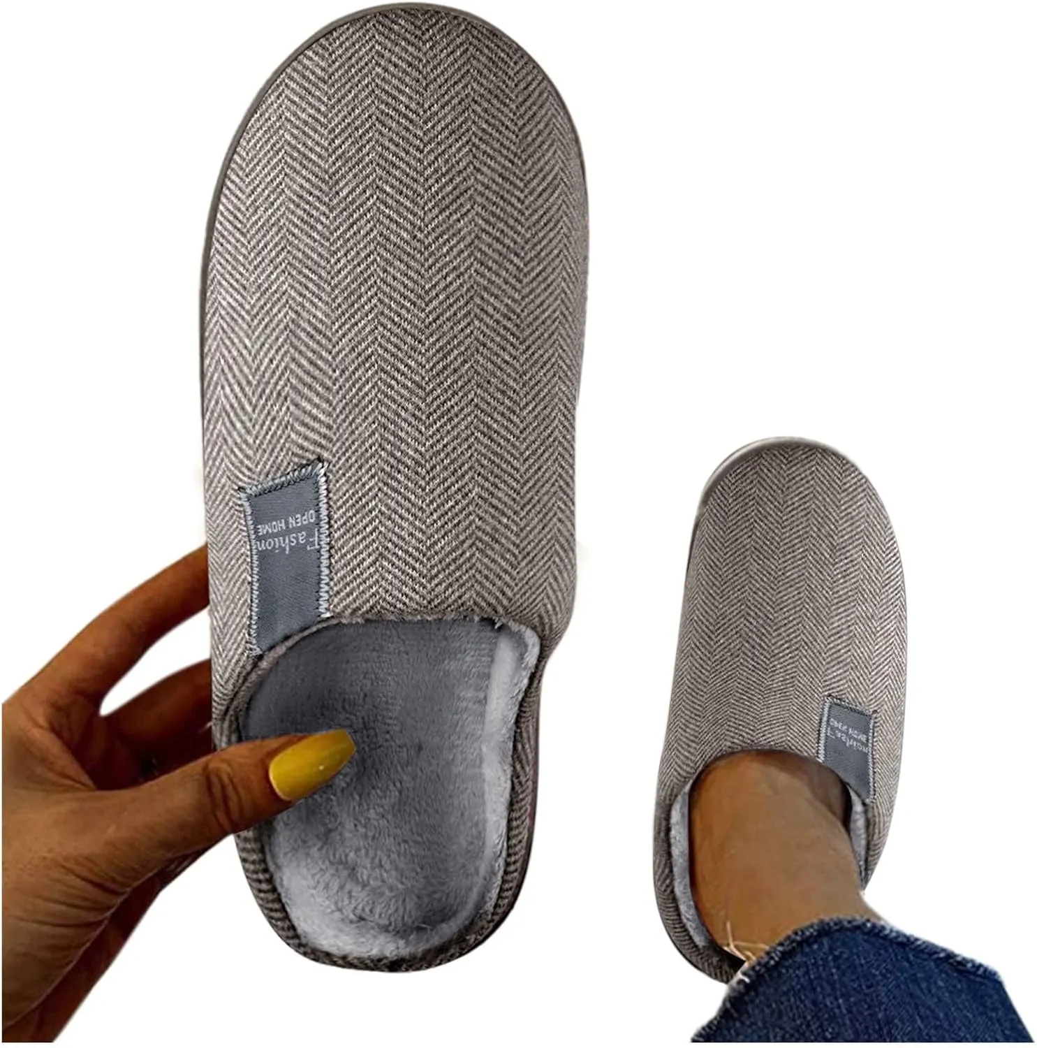 House Slippers for Men with Fuzzy Collar Memory Foam Bedroom Slippers Non-Slip Cute Indoor Bedroom Home Slippers