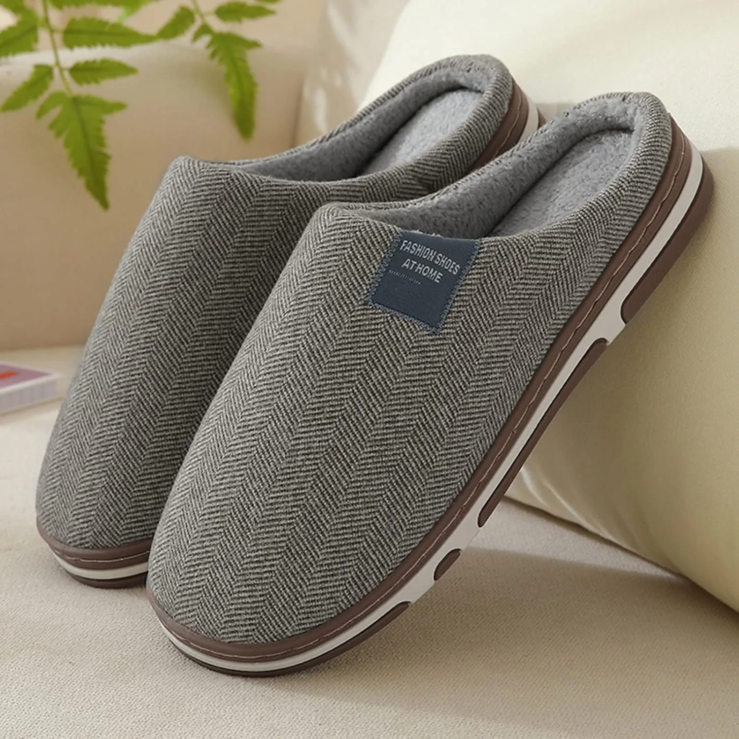 House Slippers for Men with Fuzzy Collar Memory Foam Bedroom Slippers Non-Slip Cute Indoor Bedroom Home Slippers