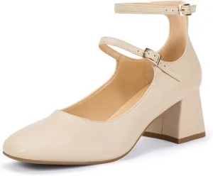 IDIFU IN2 Mary Jane Shoes Low Block Chunky Closed Toe Heels Dress Shoes for Women Square Toe Ankle Strap Wedding Prom Work Office Dressy Heels Comfortable Vintage Trendy Short Pumps