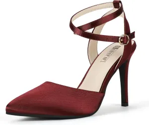 IDIFU IN4 High Heels Women's Pumps Strappy Stiletto Slingback Closed Pointed Toe Ankle Strap Satin Dress Shoes for Women Dressy Comfortable Wedding Bridal Office Formal Pumps Shoes