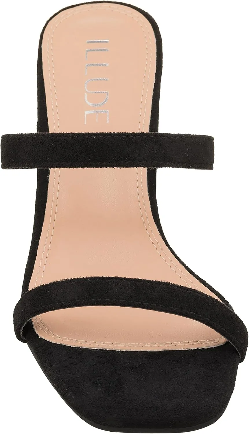 ILLUDE Womens Block Heel Double Band Square Toe Heeled Sandal Slip On Mule - Lisa