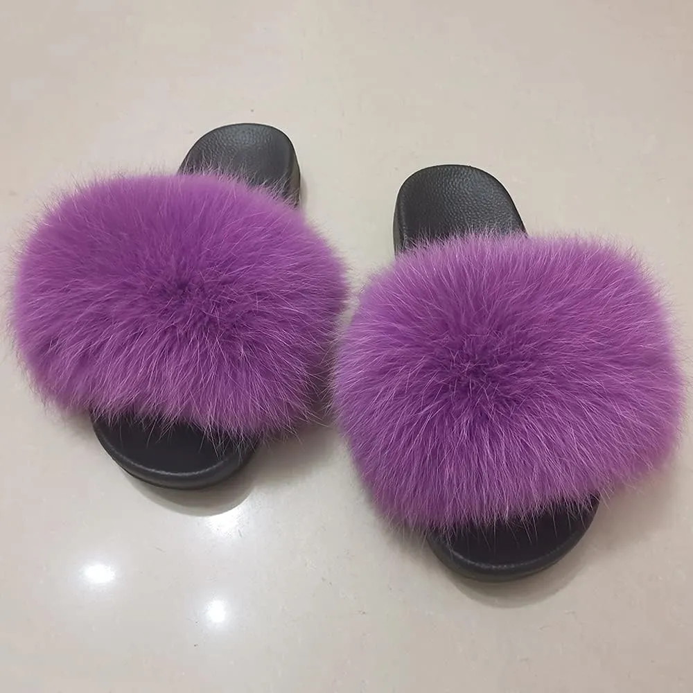Jancoco Max Real Fox Fur Slides for Women - Fluffy Fur Slippers Open Toe Flat Sandals for Outdoor