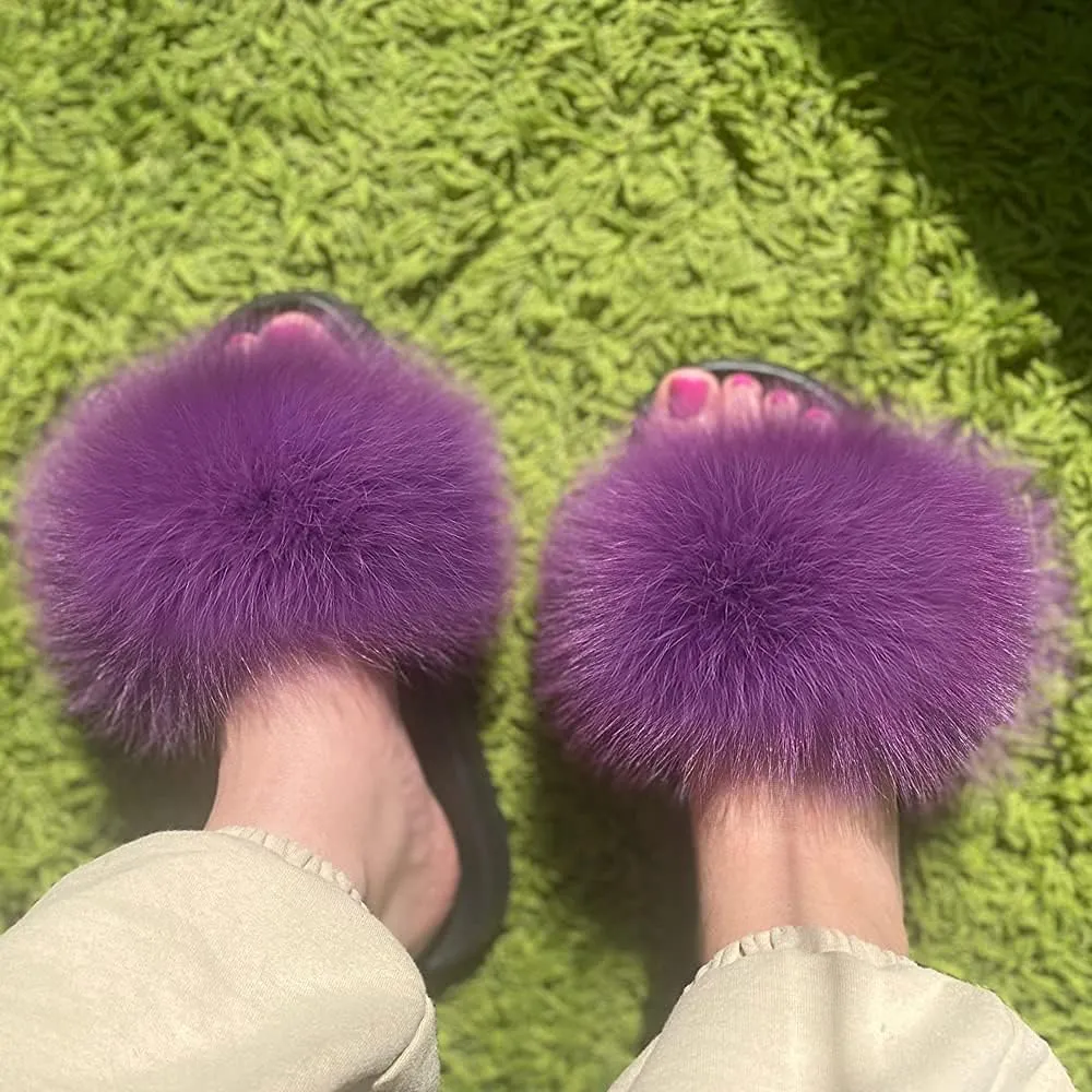 Jancoco Max Real Fox Fur Slides for Women - Fluffy Fur Slippers Open Toe Flat Sandals for Outdoor