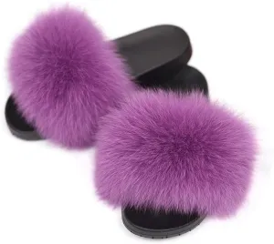 Jancoco Max Real Fox Fur Slides for Women - Fluffy Fur Slippers Open Toe Flat Sandals for Outdoor