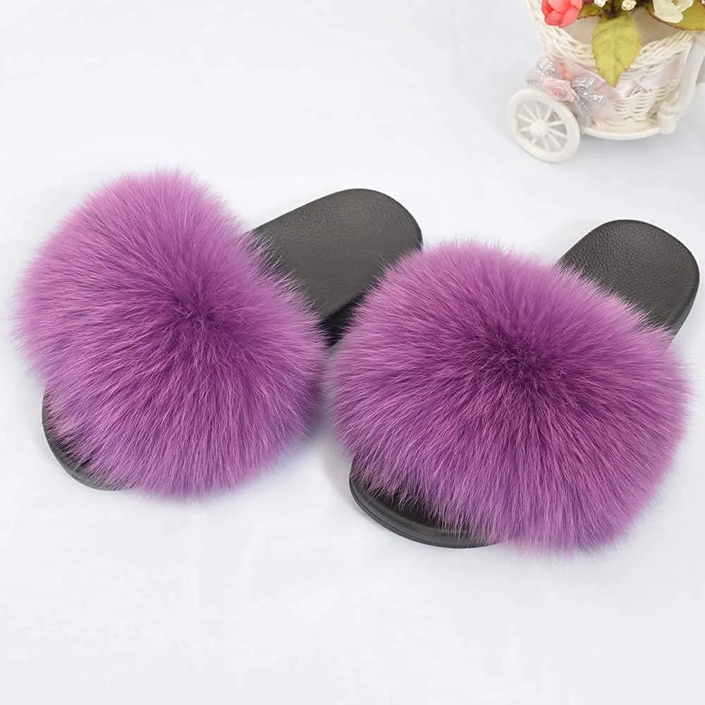Jancoco Max Real Fox Fur Slides for Women - Fluffy Fur Slippers Open Toe Flat Sandals for Outdoor