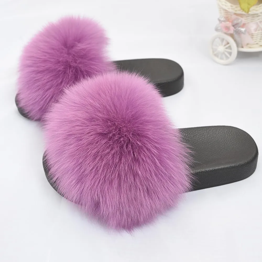 Jancoco Max Real Fox Fur Slides for Women - Fluffy Fur Slippers Open Toe Flat Sandals for Outdoor