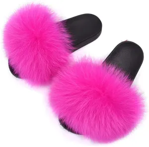 Jancoco Max Real Fox Fur Slides for Women - Fluffy Fur Slippers Open Toe Flat Sandals for Outdoor