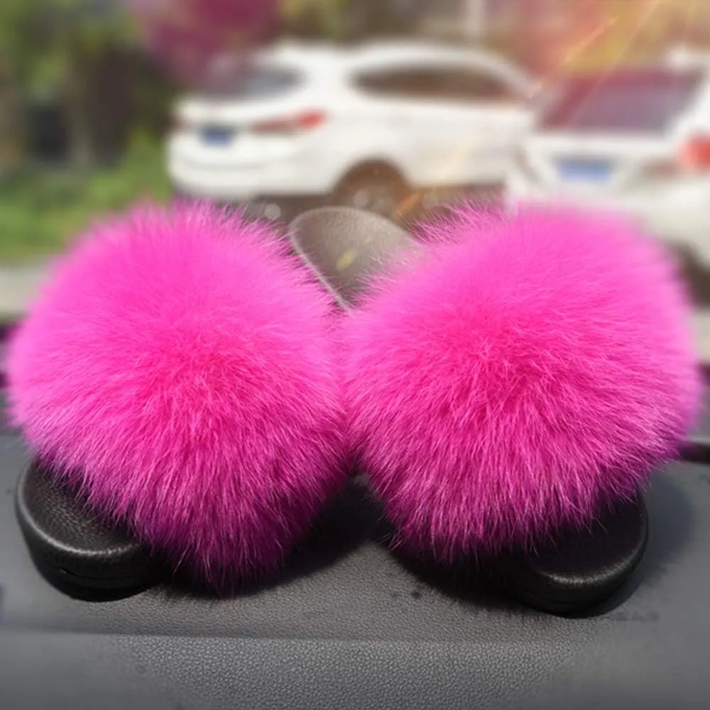 Jancoco Max Real Fox Fur Slides for Women - Fluffy Fur Slippers Open Toe Flat Sandals for Outdoor