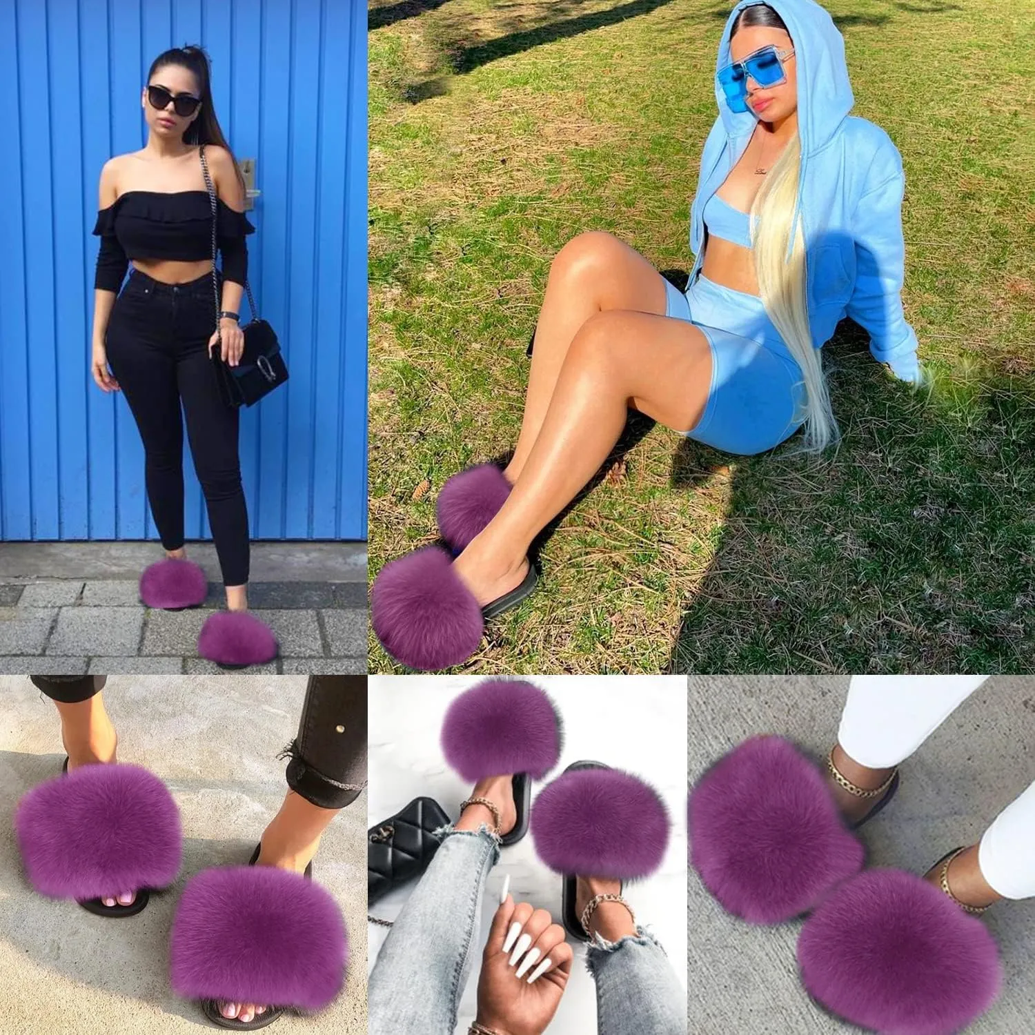 Jancoco Max Real Fox Fur Slides for Women - Fluffy Fur Slippers Open Toe Flat Sandals for Outdoor