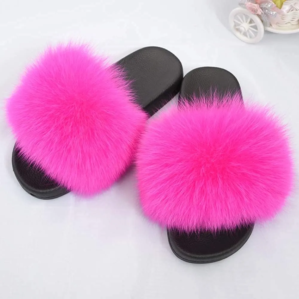 Jancoco Max Real Fox Fur Slides for Women - Fluffy Fur Slippers Open Toe Flat Sandals for Outdoor