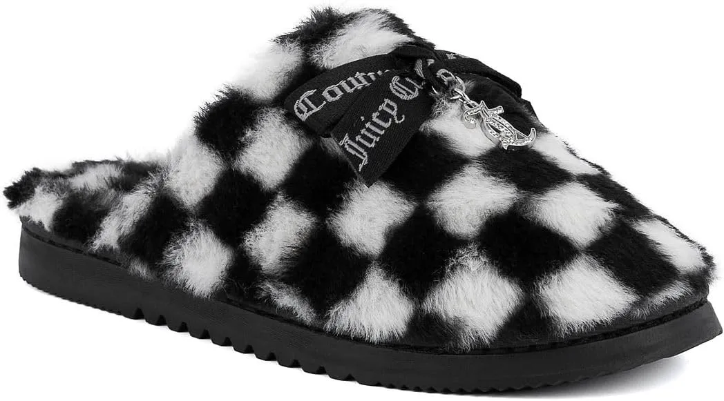 Juicy Couture Women's Faux Fur Slippers – Fuzzy Closed-Toe, Fluffy Winter House Shoes, Comfortable Slip-Ons
