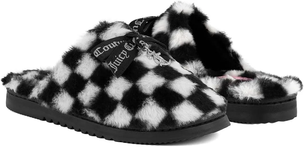 Juicy Couture Women's Faux Fur Slippers – Fuzzy Closed-Toe, Fluffy Winter House Shoes, Comfortable Slip-Ons