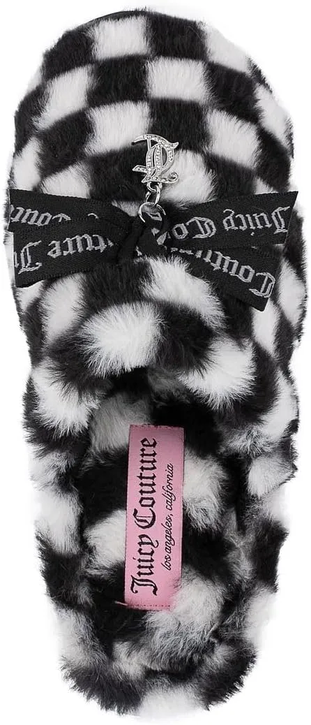 Juicy Couture Women's Faux Fur Slippers – Fuzzy Closed-Toe, Fluffy Winter House Shoes, Comfortable Slip-Ons