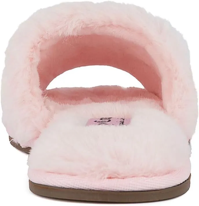 Juicy Couture Women's Plush Faux Fur Slippers – Cozy Open-Toe Slides, Soft Indoor/Outdoor House Shoes