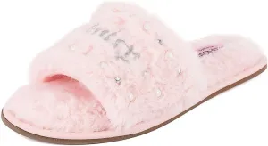 Juicy Couture Women's Plush Faux Fur Slippers – Cozy Open-Toe Slides, Soft Indoor/Outdoor House Shoes