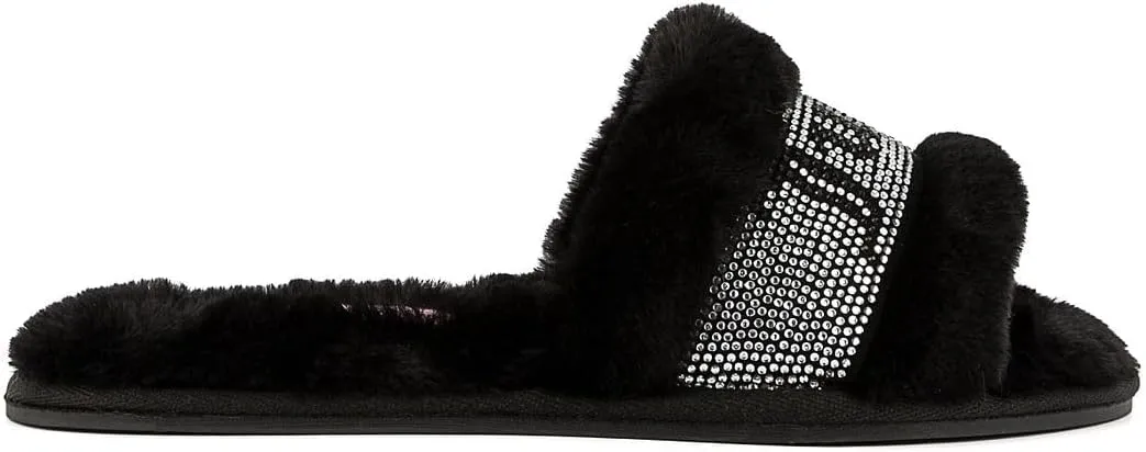 Juicy Couture Women's Plush Faux Fur Slippers – Cozy Open-Toe Slides, Soft Indoor/Outdoor House Shoes