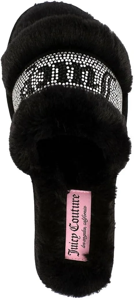 Juicy Couture Women's Plush Faux Fur Slippers – Cozy Open-Toe Slides, Soft Indoor/Outdoor House Shoes
