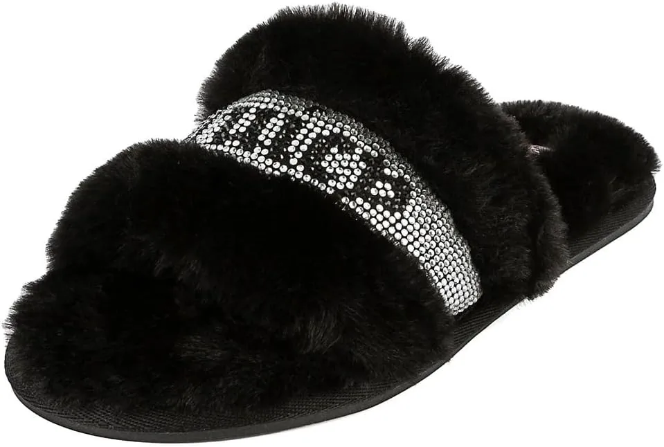 Juicy Couture Women's Plush Faux Fur Slippers – Cozy Open-Toe Slides, Soft Indoor/Outdoor House Shoes