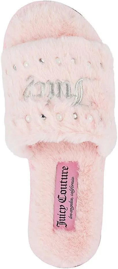 Juicy Couture Women's Plush Faux Fur Slippers – Cozy Open-Toe Slides, Soft Indoor/Outdoor House Shoes