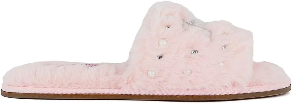Juicy Couture Women's Plush Faux Fur Slippers – Cozy Open-Toe Slides, Soft Indoor/Outdoor House Shoes