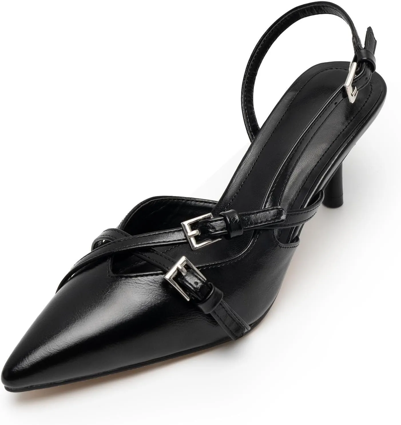 KaroNairy Kitten Heels for Women Pointed Toe Slingback Heels Closed Toe Low Heel Wedding Dress Pumps with Buckles Black10.5