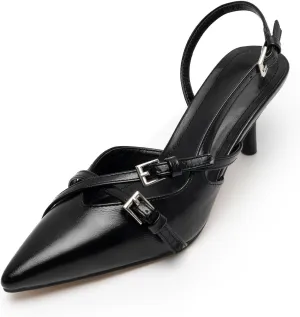 KaroNairy Kitten Heels for Women Pointed Toe Slingback Heels Closed Toe Low Heel Wedding Dress Pumps with Buckles Black10.5