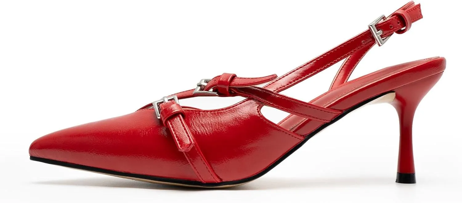 KaroNairy Kitten Heels for Women Pointed Toe Slingback Heels Closed Toe Wedding Dress Pumps with Buckles