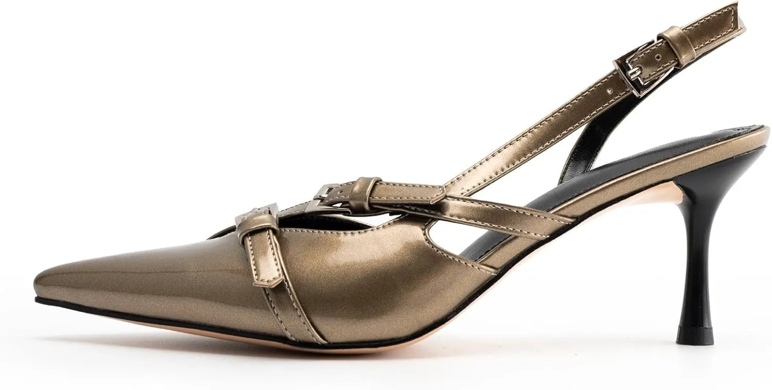 KaroNairy Kitten Heels for Women Pointed Toe Slingback Heels Closed Toe Wedding Dress Pumps with Buckles