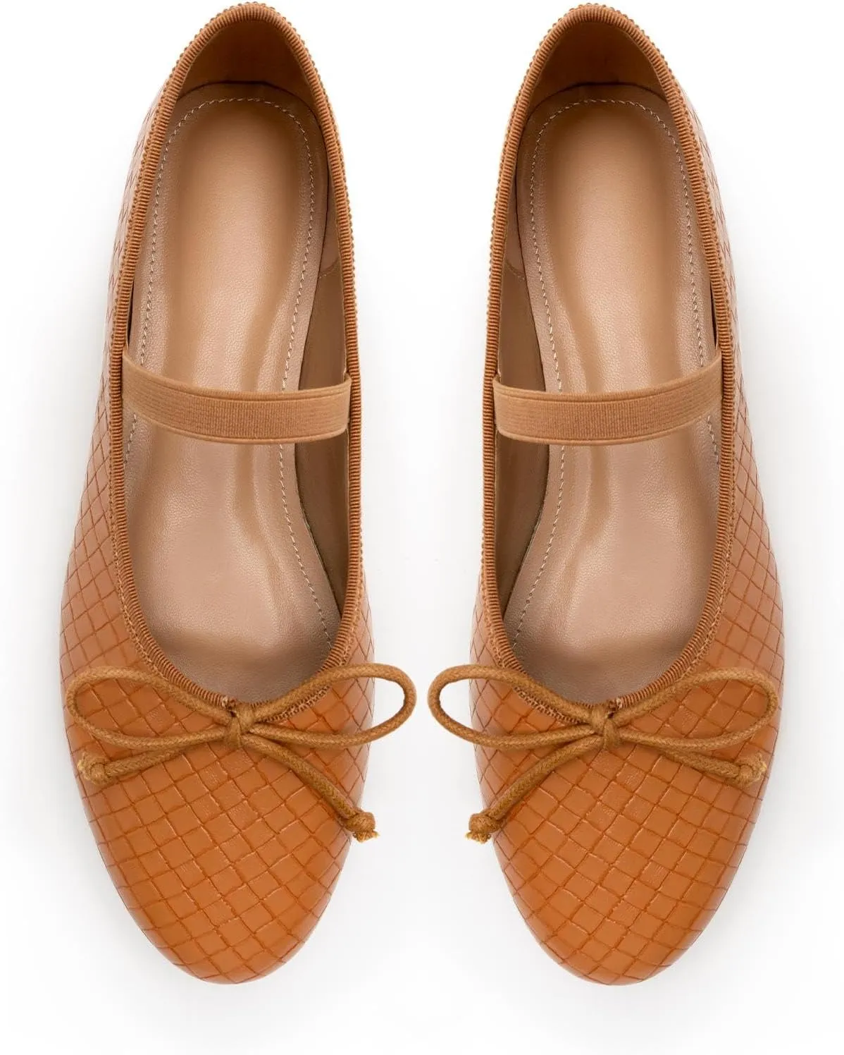 KaroNairy Women Mesh Ballet Flats Round Toe Mary Jane Flats Comfortable Bow Woven Ballerina Shoes with Elastic Strap