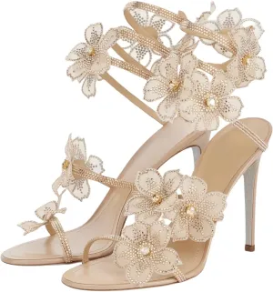Kitten Heel Sandals for Women  Strappy Open Toe Heels with Spiral Ankle Wrap Stiletto and Floral Heels for Wedding, Party, Evening