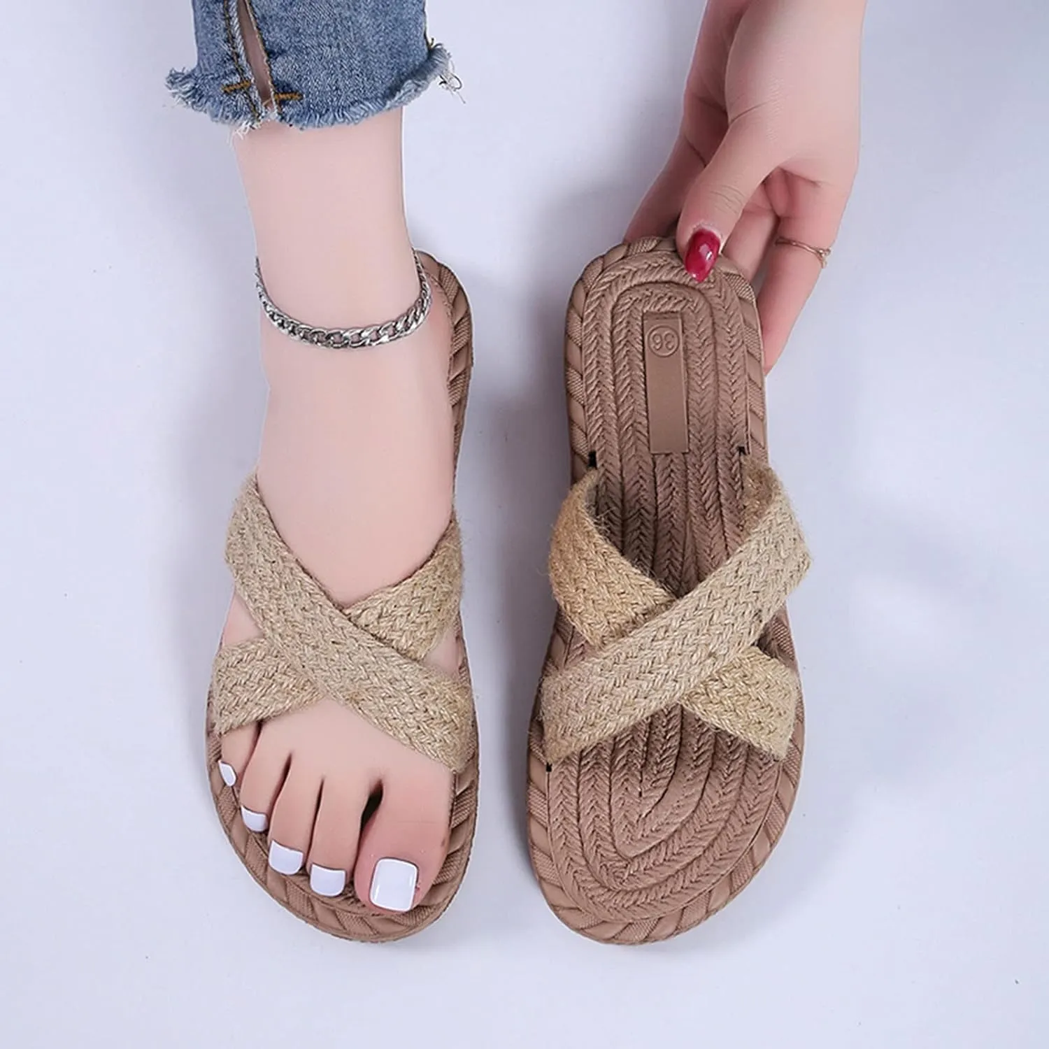 Ladies Fashion Solid Color Flax Strap Straw Woven Bottom Flat Open Toe Slippers Slip on Slippers for Women (Khaki, 7)